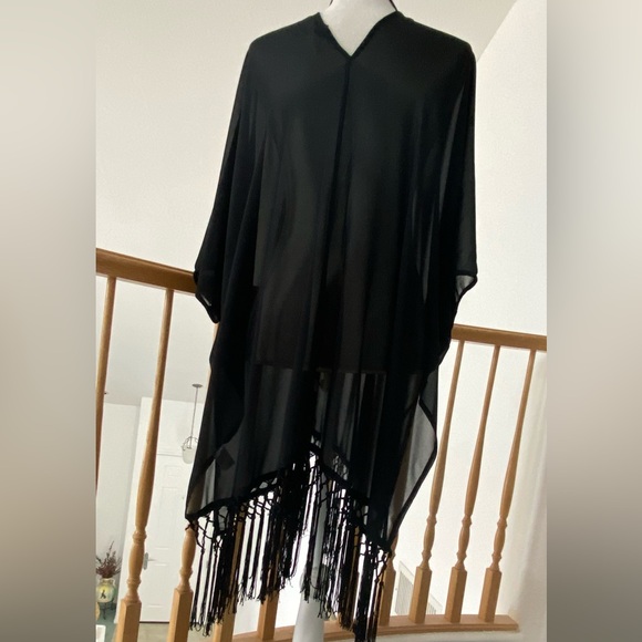 “Windsor” Black Sheer-Mesh Knotted-Fringe-Hem Kimono - Picture 4 of 4